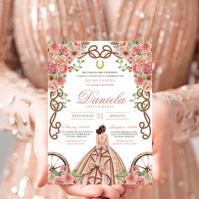 Invitation Champagne & Rose Gold Western Charro Quinceanera (Créateur téléchargé)