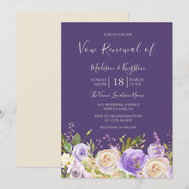 Invitation Champagne Rose Purple Fleurs Vow renouvellement in (Devant / Derrière)