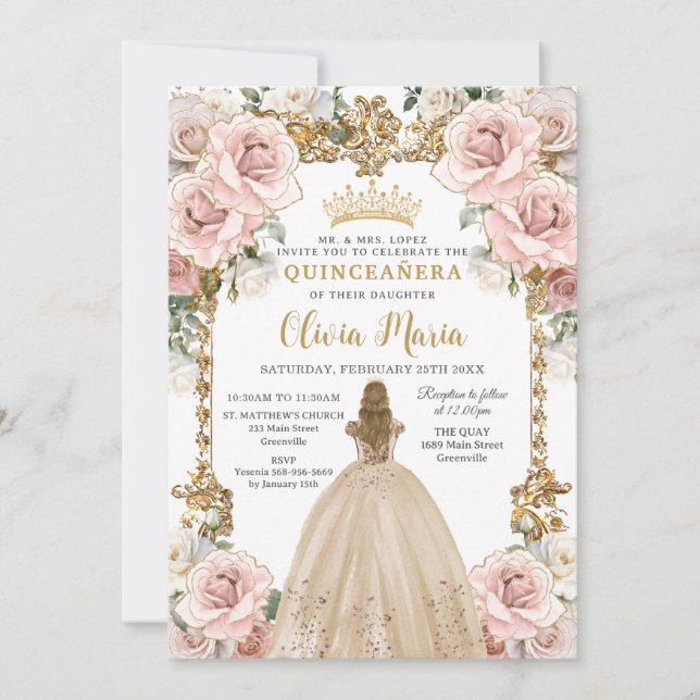 Invitation Champagne rose vintage Floral Quinceañera (Devant)