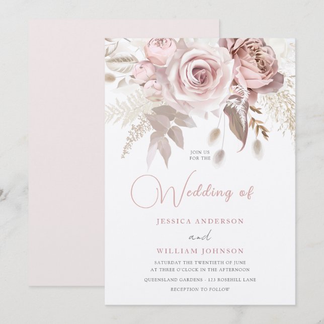 Invitation Champagne Shimmer Dusty Rose Blush Printemps Maria (Devant / Derrière)