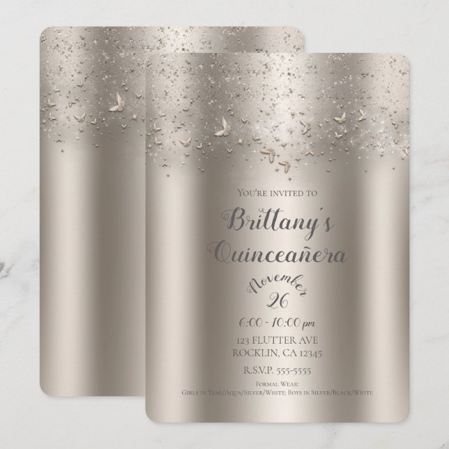 Invitation Champagne Shimmer Flutter Butterfly Quinceañera (Devant / Derrière)