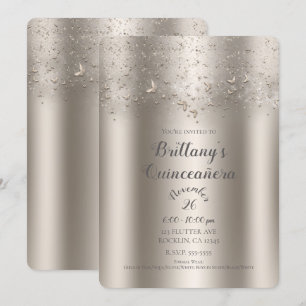 Invitation Champagne Shimmer Flutter Butterfly Quinceañera