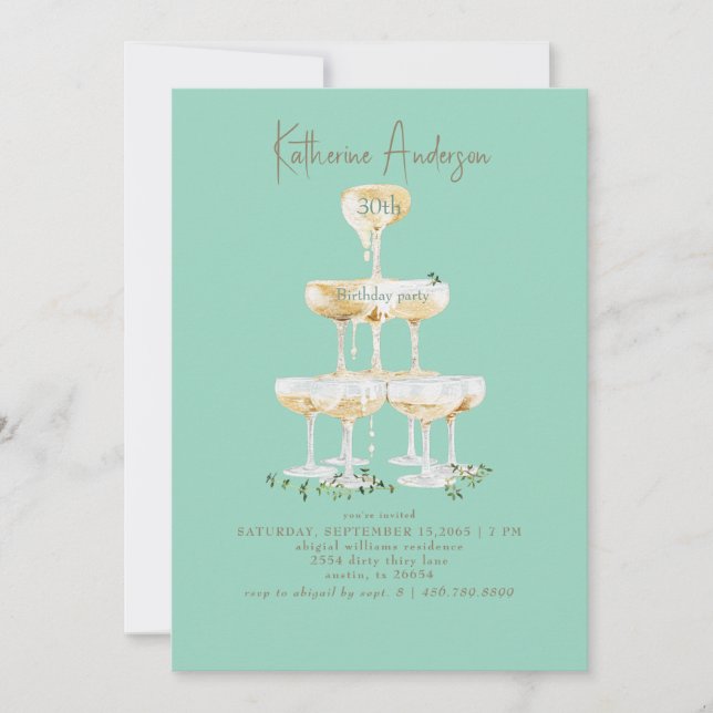 Invitation Champagne Tower Turquoise 30th Birthday Party  (Devant)