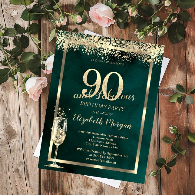 Invitation Champagne Verre Or Confetti Vert 90e anniversaire (Créateur téléchargé)