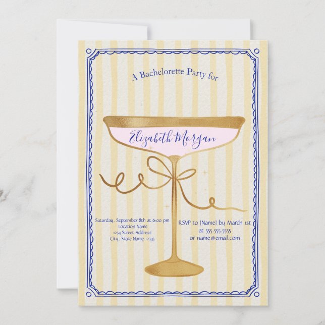 Invitation Champagne Verre Yellow Stripes Bachelorette (Devant)