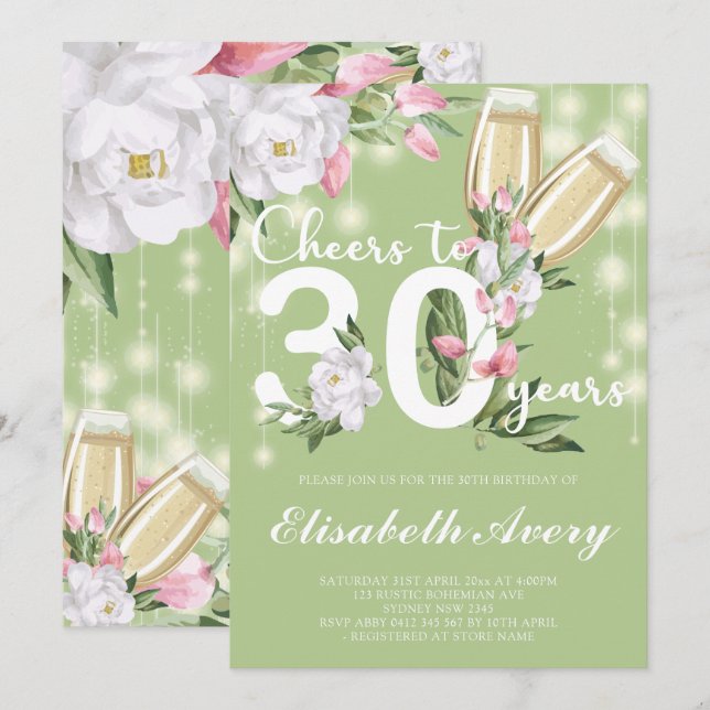Invitation Champagne vert de luxe Floral 30e fête d'anniversa (Devant / Derrière)