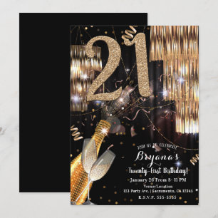 Invitation Champagne Vin Glam Pailleté Or 21e 21 Anniversaire
