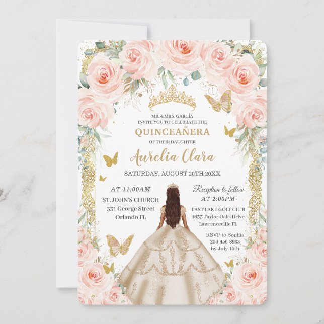 Invitation Champagne Vintage Or Blush Floral Quinceañera (Devant)