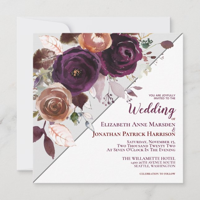 Invitation Champagne violet automne Floral Mariage géométriqu (Devant)