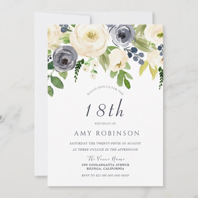Invitation Champagne White & Navy Floral 18e fête d'anniversa (Devant)