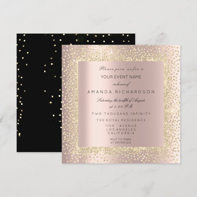 Invitation Champaigne Gold Black Confetti Sepia Paillettes Ro (Devant / Derrière)