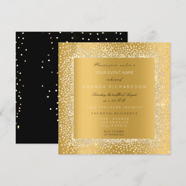 Invitation Champaigne Gold Noir Confetti Sepia Parties scinti (Devant / Derrière)