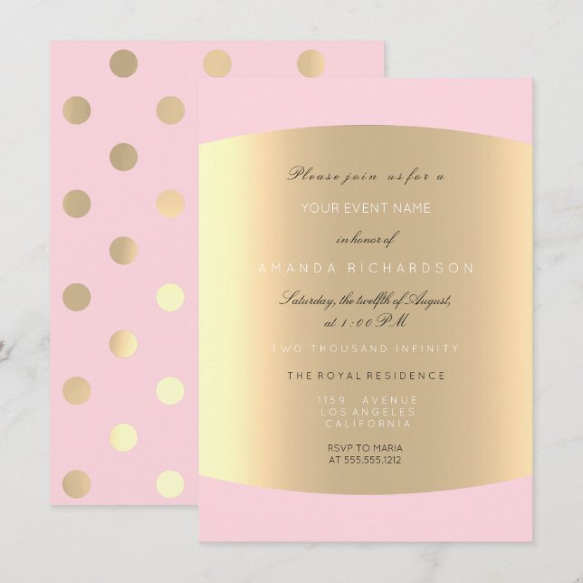 Invitation Champaigne Gold Pois Sepia Rose Pink Pastel (Devant / Derrière)