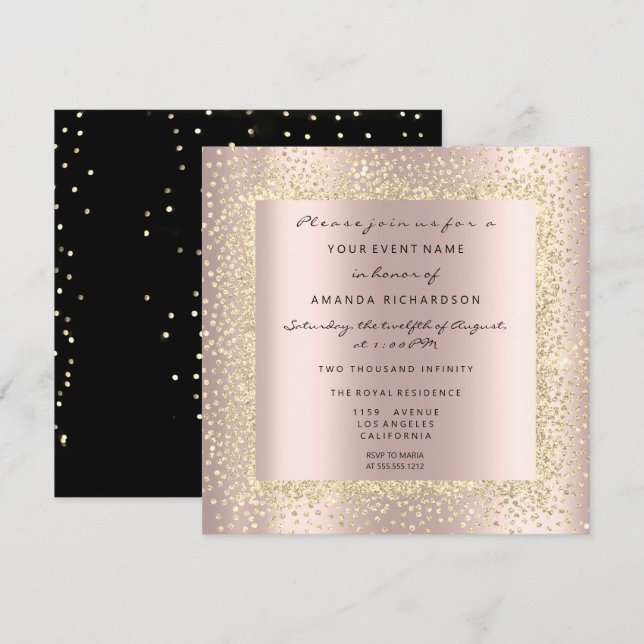 Invitation Champaigne Or Noir Minimal Confettis Rose Blush (Devant / Derrière)