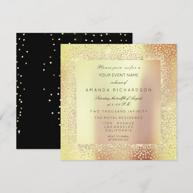 Invitation Champaigne Paillettes Or Confettis Rose Pêche (Devant / Derrière)