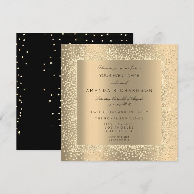 Invitation Champaigne Sepia Gold Parties scintillant Black Co (Devant / Derrière)