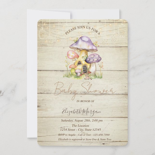 Invitation Champignon Maisons Baby shower de texture bois (Devant)