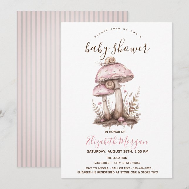 Invitation Champignons Baby shower à rayures roses de l'escar (Devant / Derrière)
