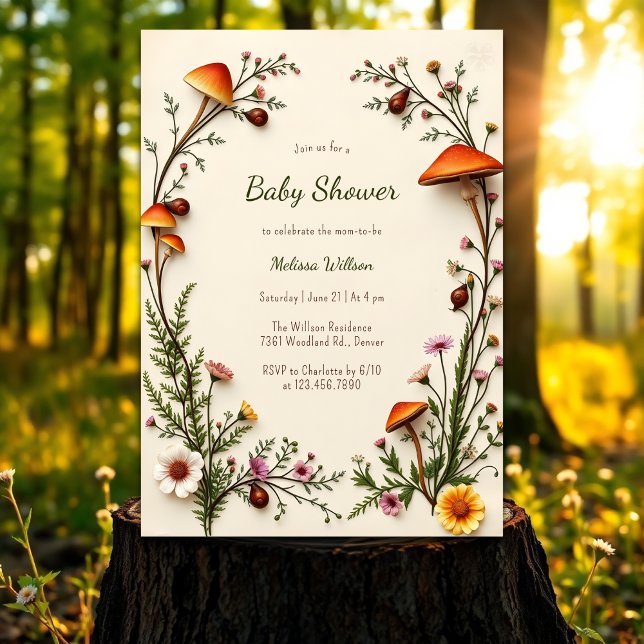 Invitation Champignons des bois Baby shower Boho rustique (Woodland Mushroom Rustic Boho Baby Shower Invitation)