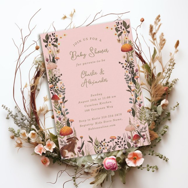 Invitation champignons des bois baby shower rose fleur sauvag (Créateur téléchargé)