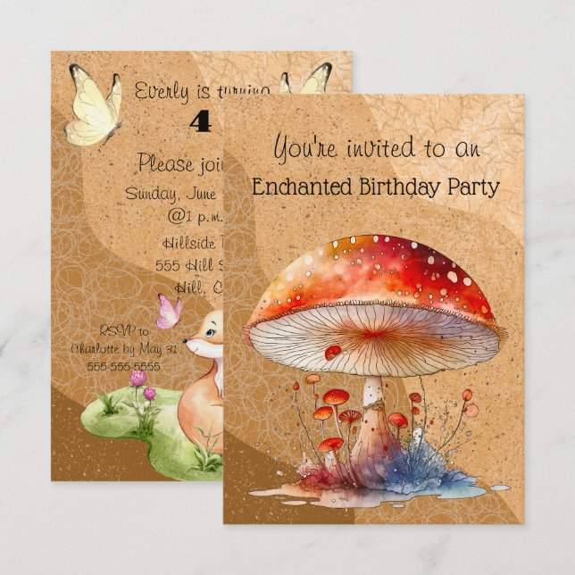 Invitation Champignons enchantés 4 ans Anniversaire (Devant / Derrière)