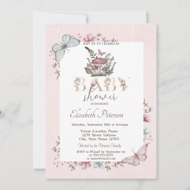 Invitation Champignons mignons Papillons Baby shower rose (Devant)
