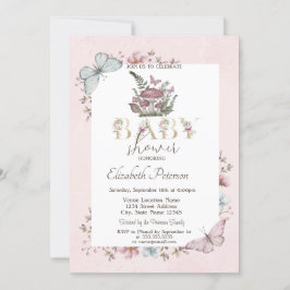 Invitation Champignons mignons Papillons Baby shower rose