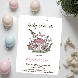 Invitation Champignons Papillon rose rayures Baby shower