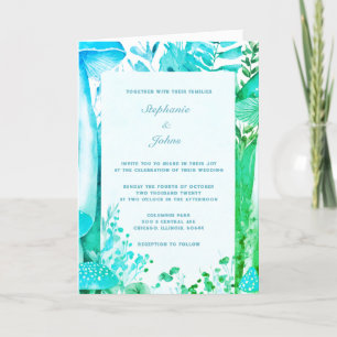 Invitation Champignons verts Bleus Bois Boho Mariage Abstrait