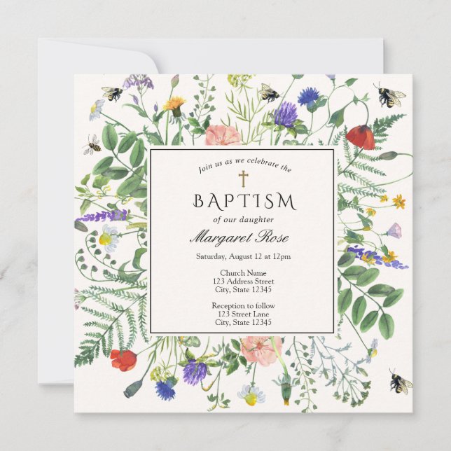 Invitation Champs fleurs sauvages et abeilles miel Baptême (Devant)