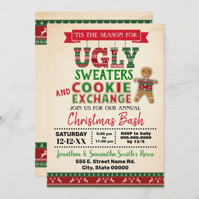 Invitation Chandail moche et échange de biscuits Noël (Devant / Derrière)