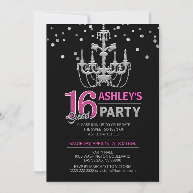Invitation Chandelier en argent rose chaud SWEET SIXTEEN 16 P (Devant)