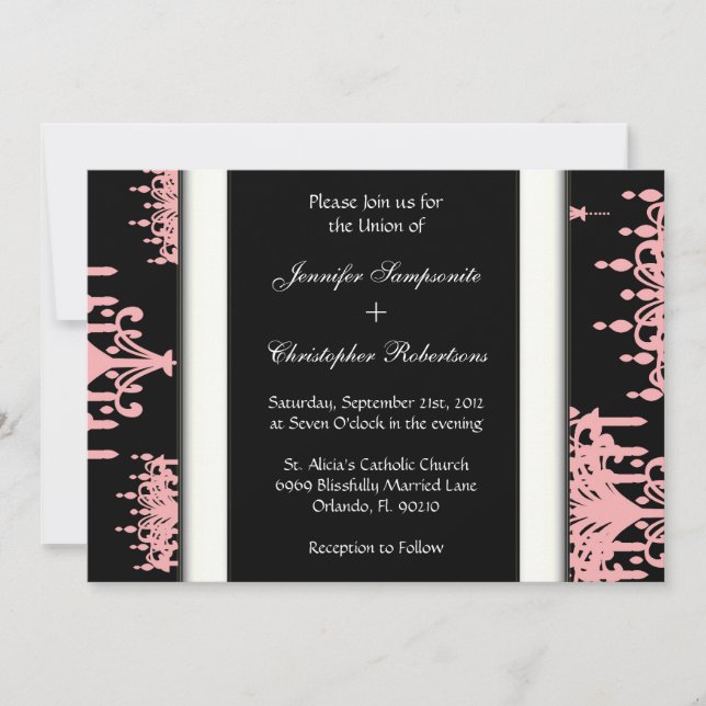 Invitation Chandelier en damas noir et rose Motif noir et bla (Devant)