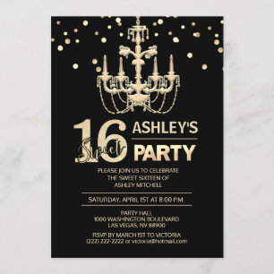 Invitation Chandelier en or noir SWEET SIXTEEN 16 Partie