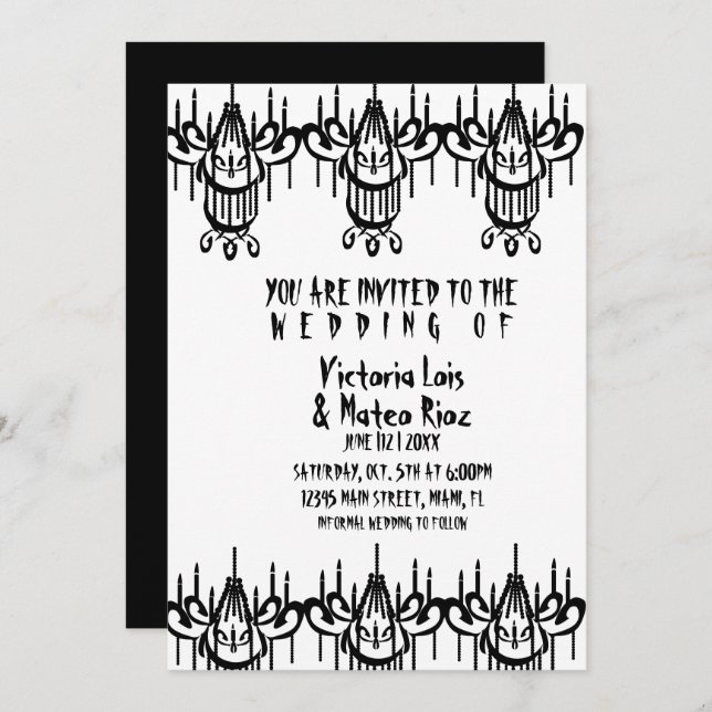 Invitation Chandelier gothique Mariage noir blanc (Devant / Derrière)