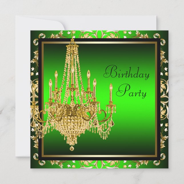 Invitation Chandelier Lime Green Gold Damask Anniversaire (Devant)