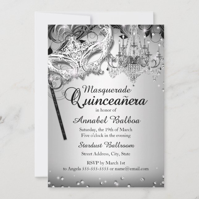 Invitation Chandelier Masquerade argent Quinceanera Invitatio (Devant)
