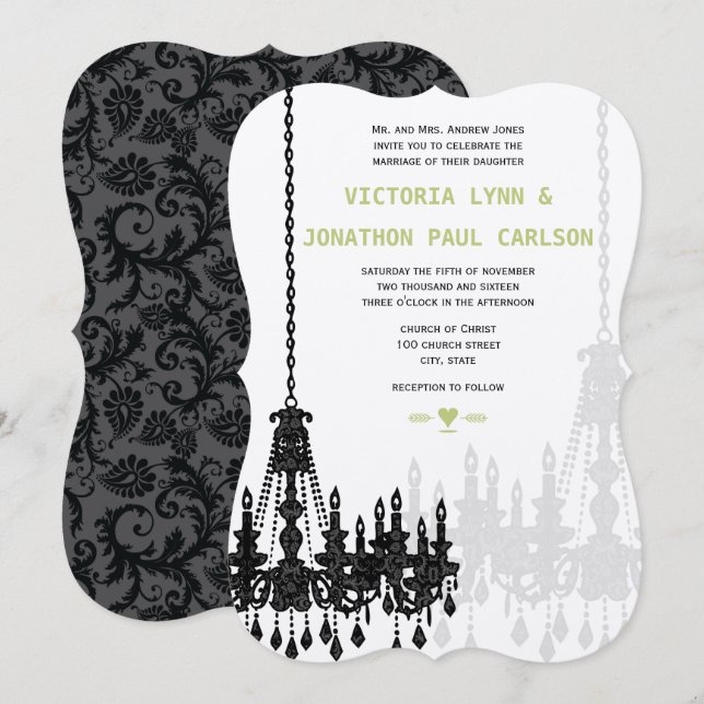Invitation Chandelier noir gris vert damassé Mariage (Devant / Derrière)