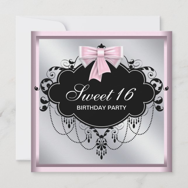 Invitation Chandelier rose Black Sweet 16 Anniversaire (Devant)