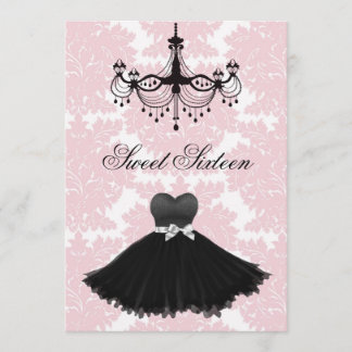 Invitation Chandelier rose damas noir Sweet Sixteen Anniversa