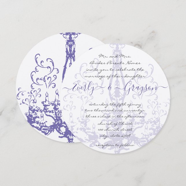 Invitation Chandelier Vintage  Lilac Mariage (Devant / Derrière)
