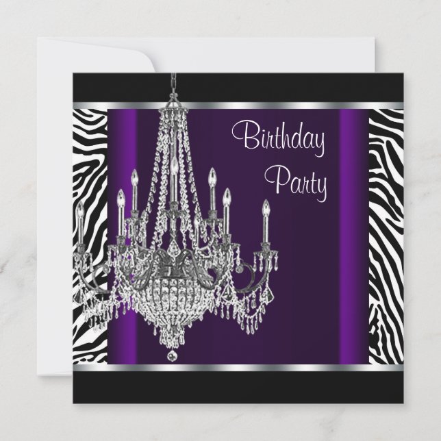 Invitation Chandelier violet zèbre fête d'anniversaire (Devant)