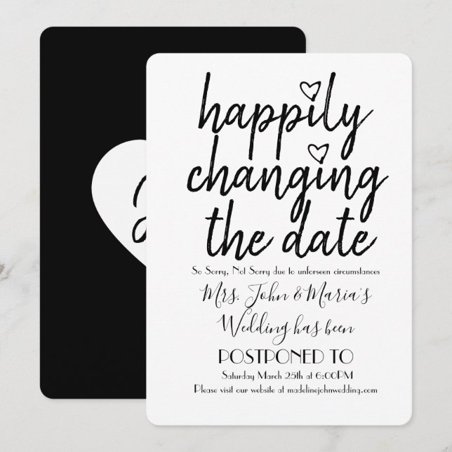 Invitation Changement de date de mariage en noir et blanc (Devant / Derrière)
