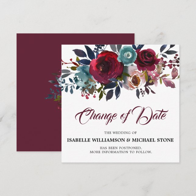 Invitation Changement de date de mariage floral rouge Bourgog (Devant / Derrière)