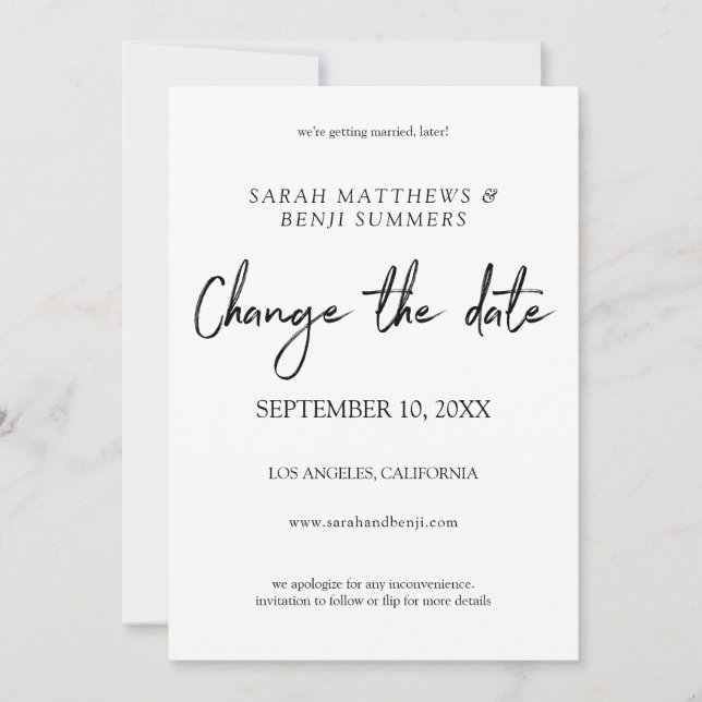 Invitation Changement de date - écriture manuscrite blanc et  (Devant)