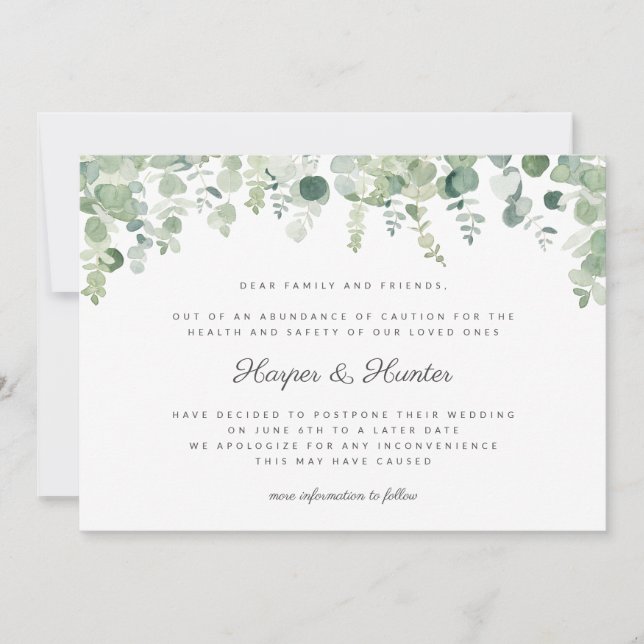 Invitation Changement de date reporté Mariage Eucalyptus (Devant)