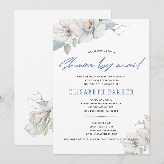 Invitation Changement de plan baby shower floral bleu par la  (Devant / Derrière)
