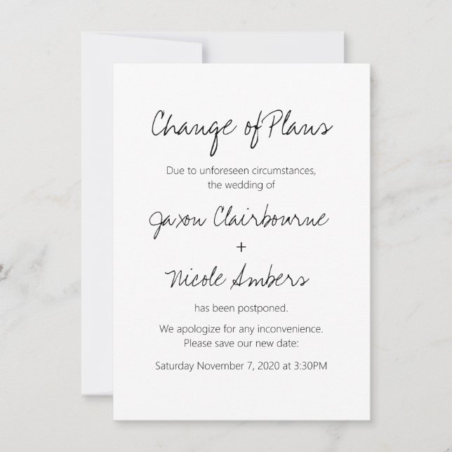 Invitation Changement de plan Replanifier le Mariage photo ou (Devant)