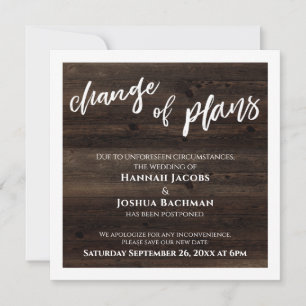 Invitation Changement de plan Reporté Mariage Rustic Wood Car