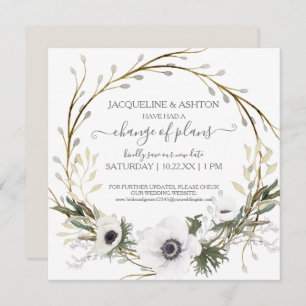 Invitation Changement de plan Script Grey White Floral Green